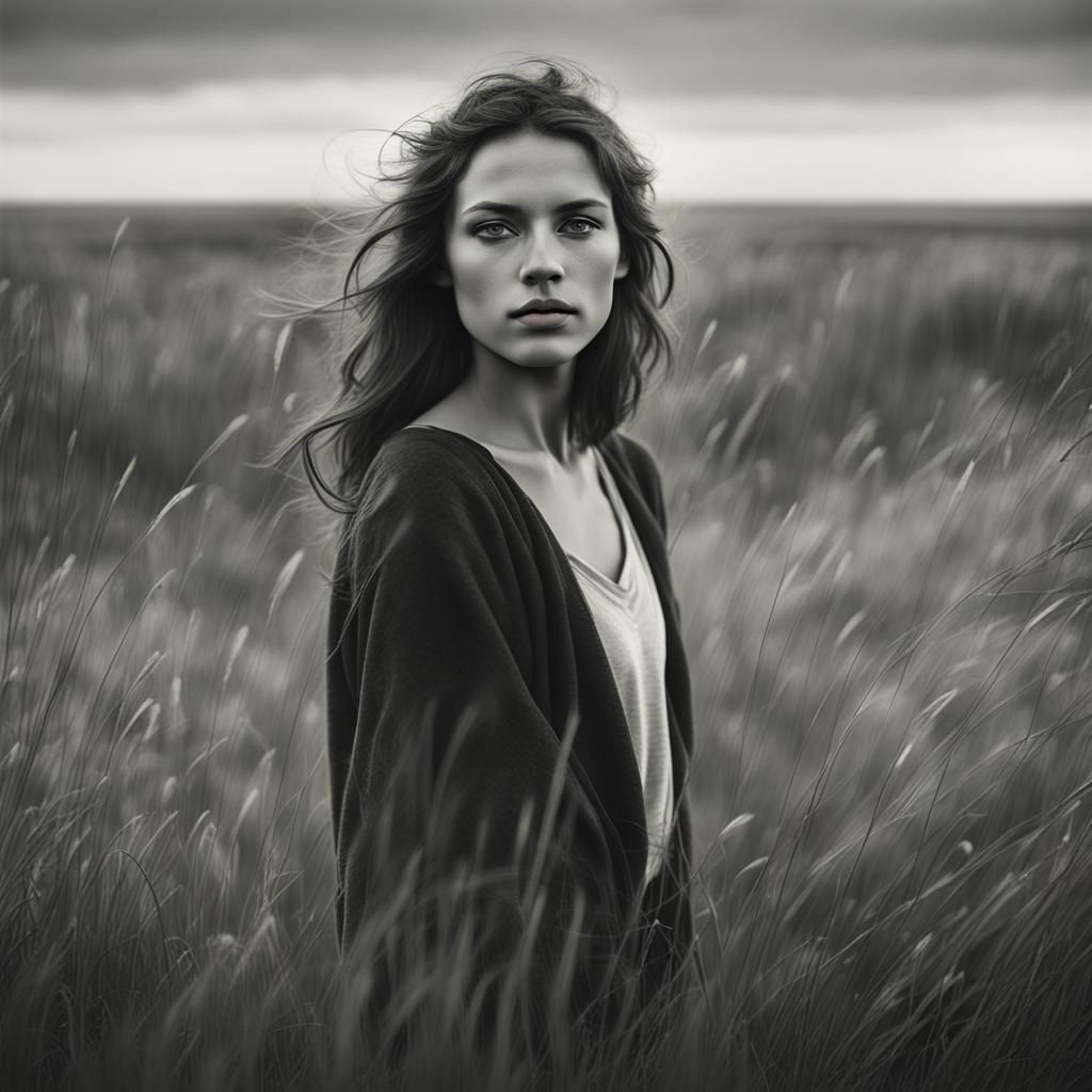 Monochrome Portrait of a Woman in Coastal Landscape