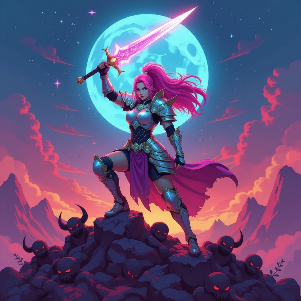 Valkyrie Warrior Triumphant in Retro VHS Style