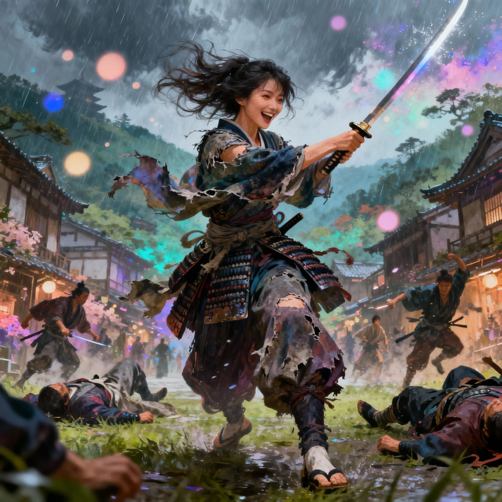 Joyful Samurai Woman in Dynamic Battle Scene