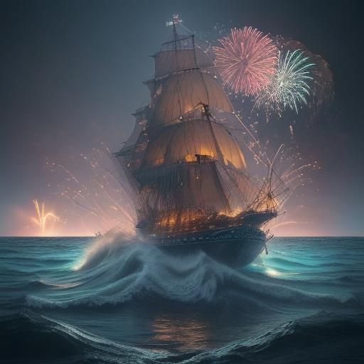 Sparkling Cat with Tulips, Ocean, and Fireworks