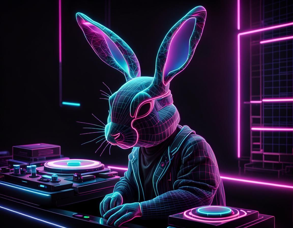 Cyberpunk Bunny DJ in Blacklight Neon Style