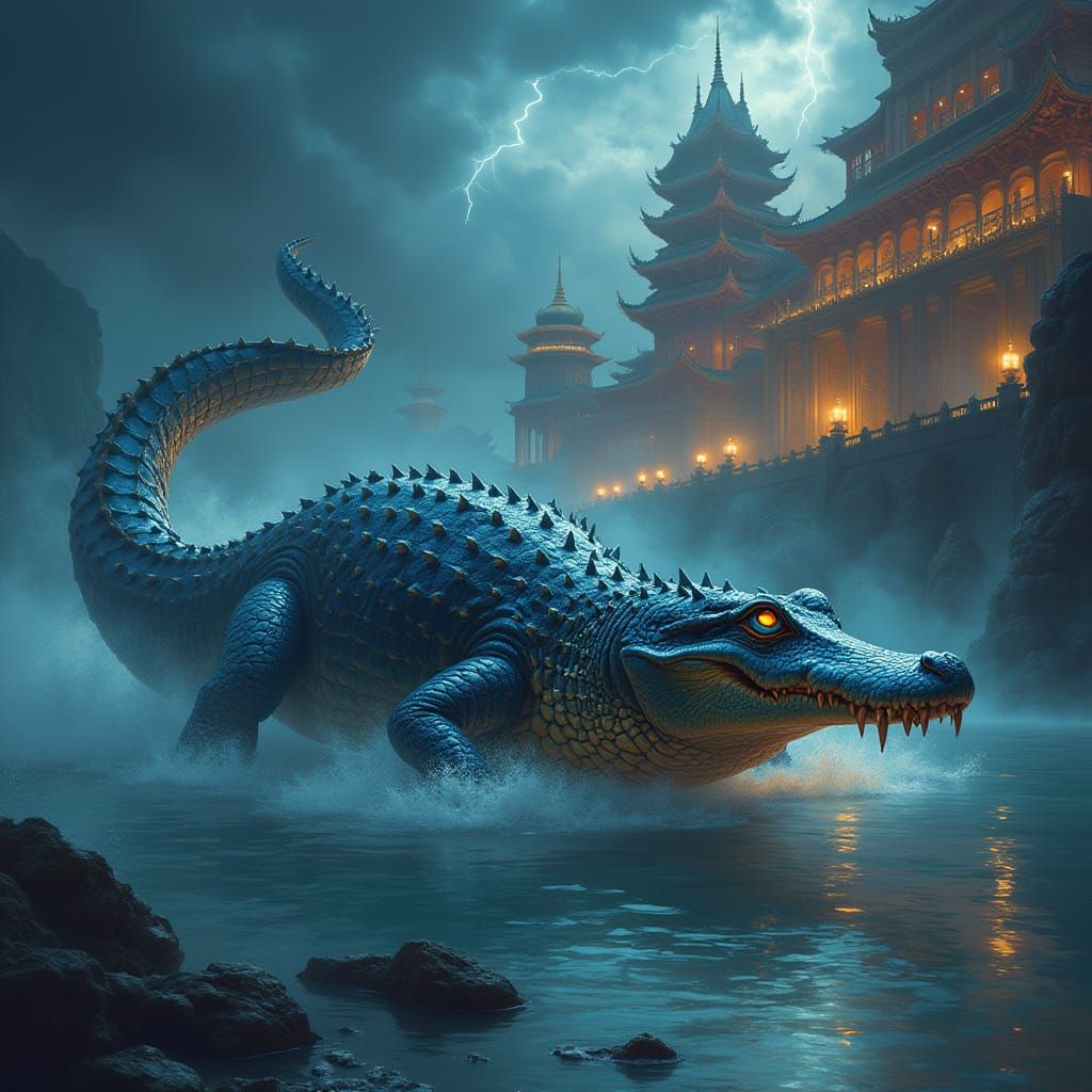 Mystical Crocodile God Churns Palace Waters in a Stormy Real...