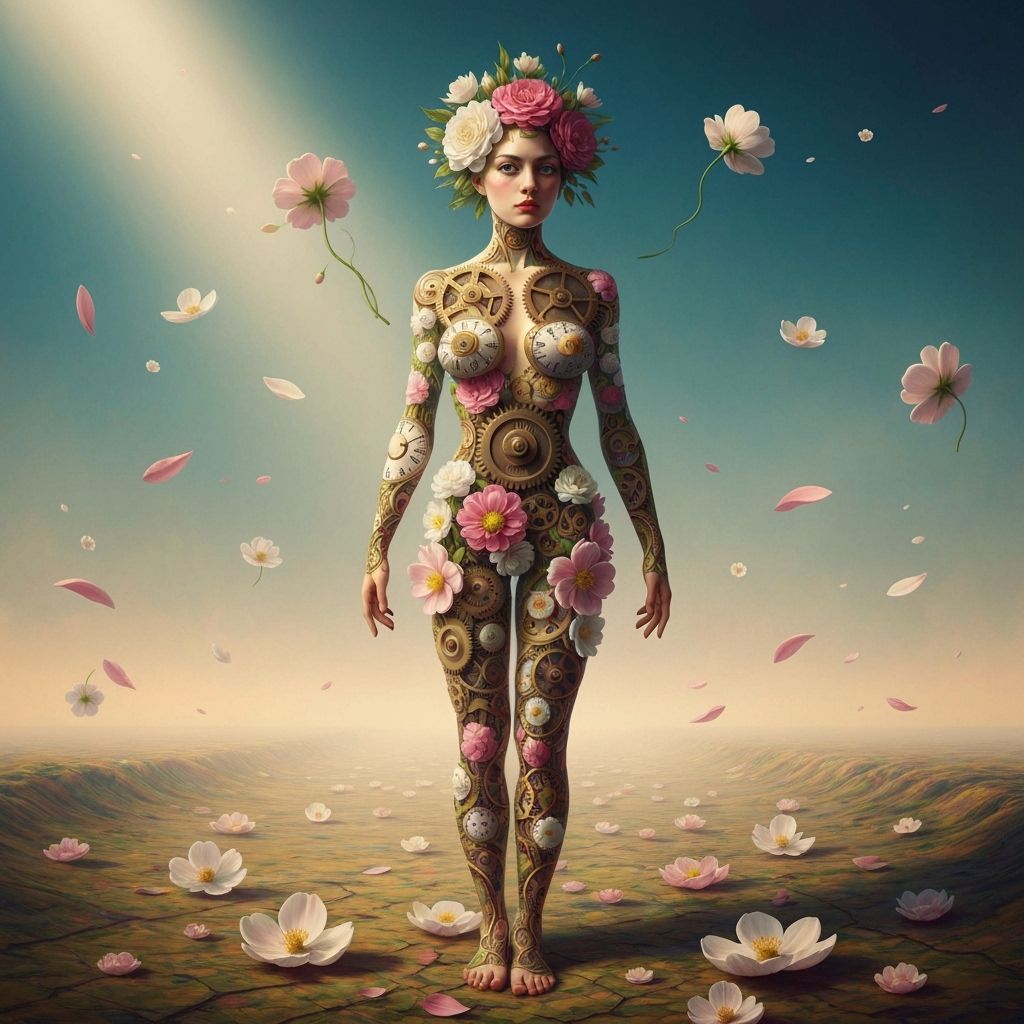 Surreal Flower and Gear Woman in Dreamlike Landscape