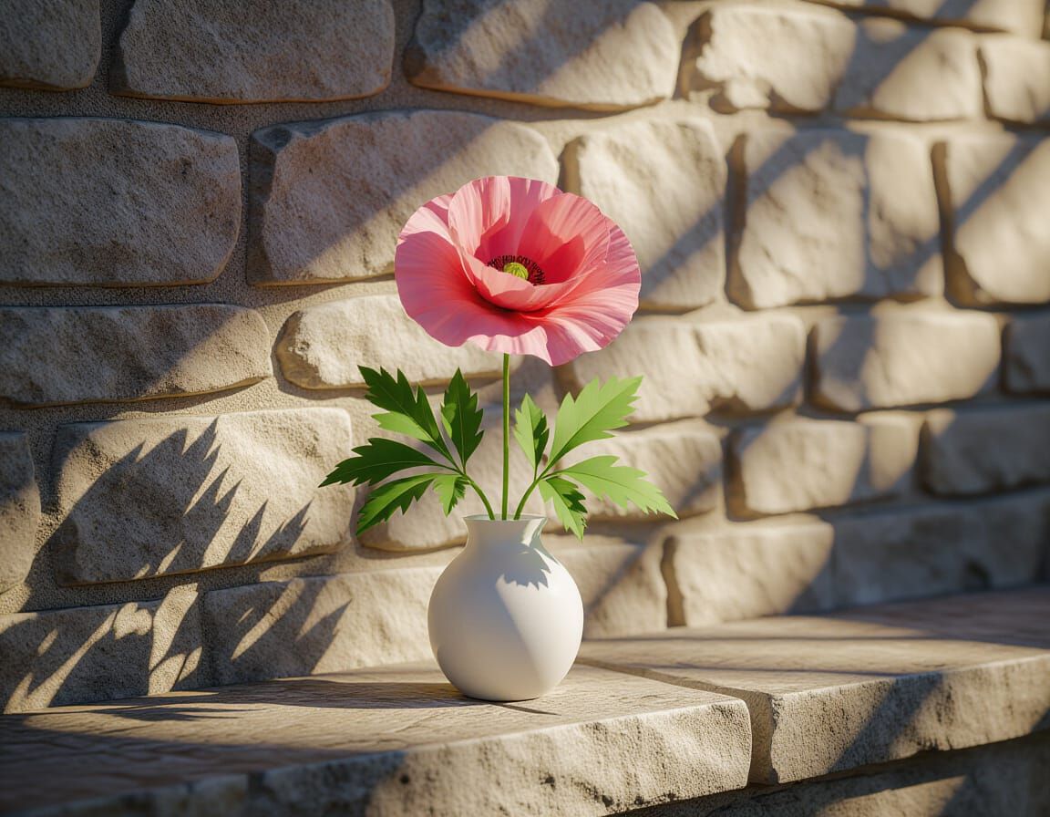Pink Poppy in Vase on Stone Ledge