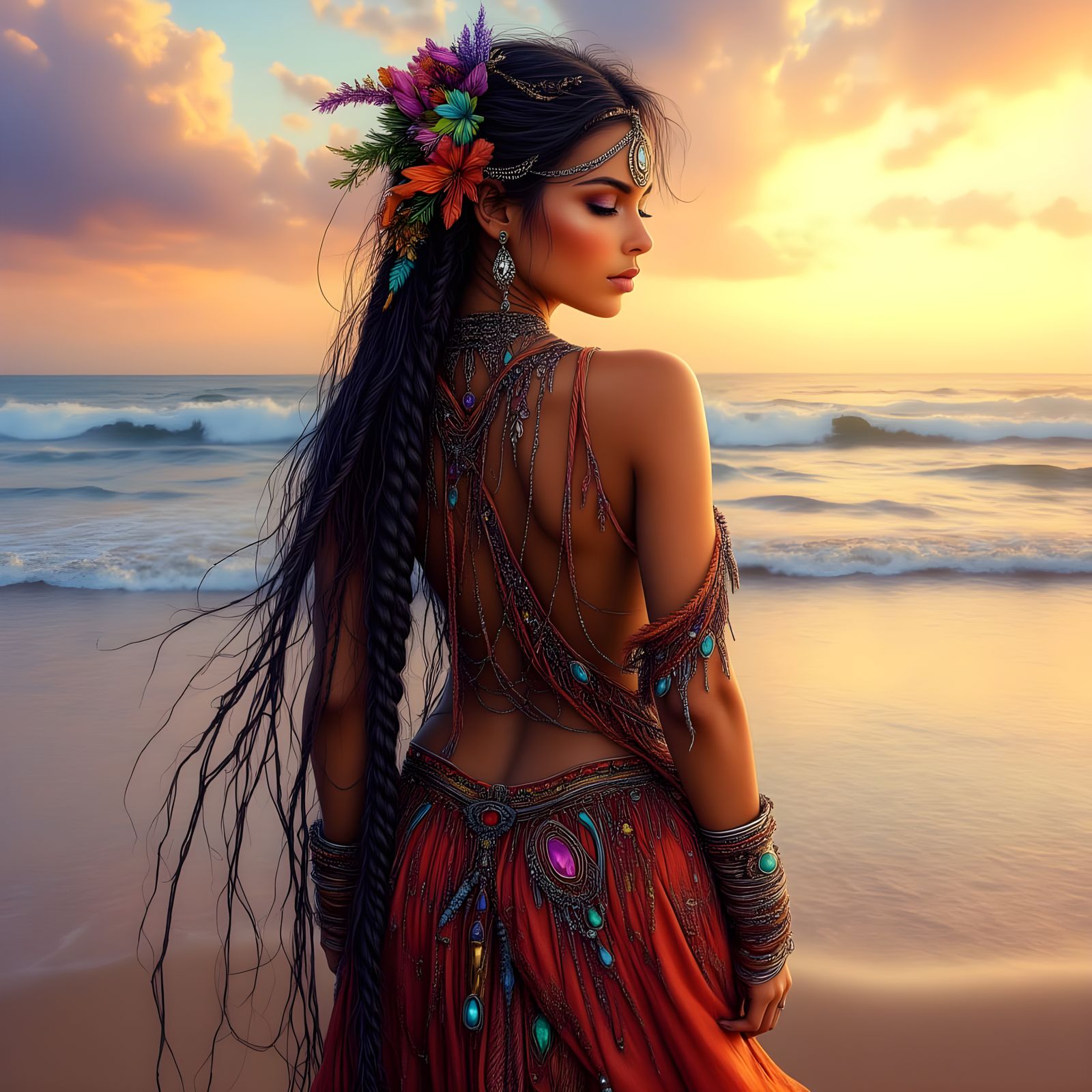 Indian Woman on Beach at Sunset, Hyper-Realistic