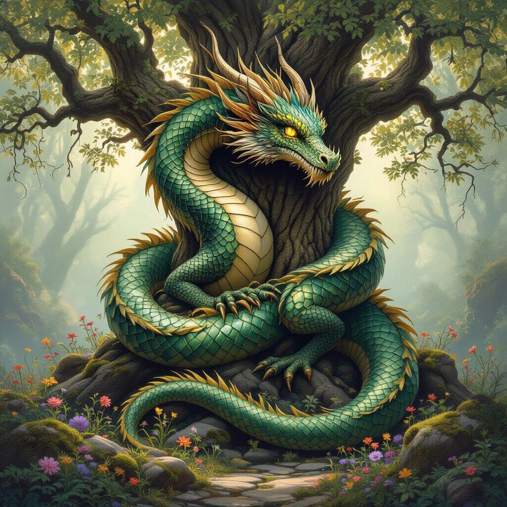 Ornate Dragon Coiled Around Ancient Oak Tree