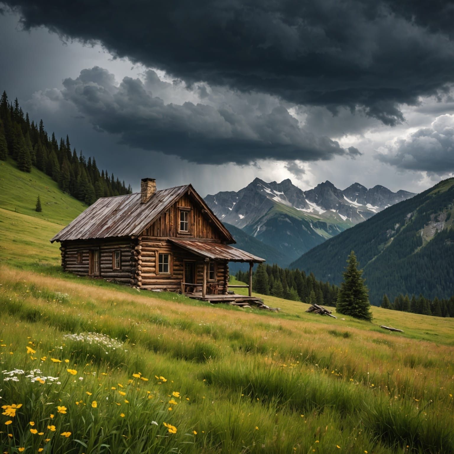 Rustic Cabin Under Stormy Skies: Realistic HD Image