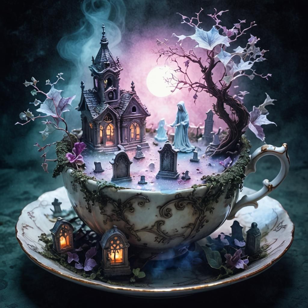 Miniature Graveyard in Teacup: Surreal Pop-Surrealism
