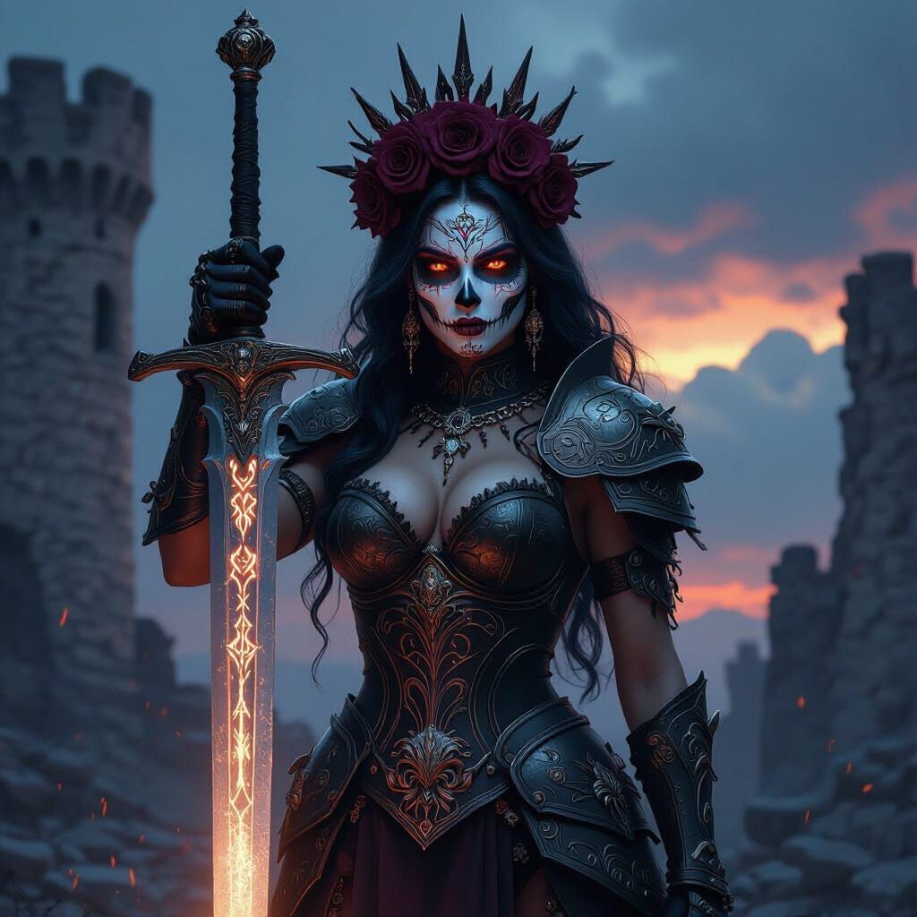 Warrior Queen with Sugar Skull Markings and Broadsword