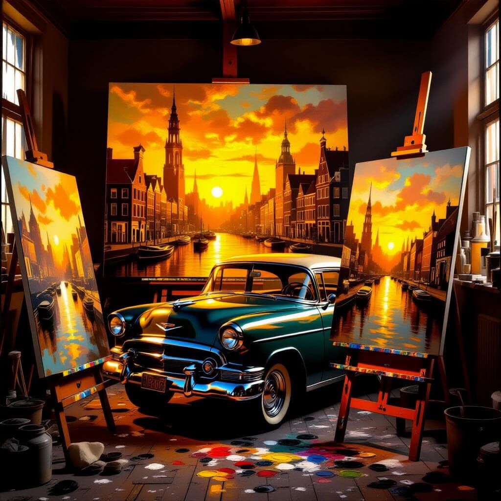Dimly Lit Artist Studio with Fantastical Cityscapes