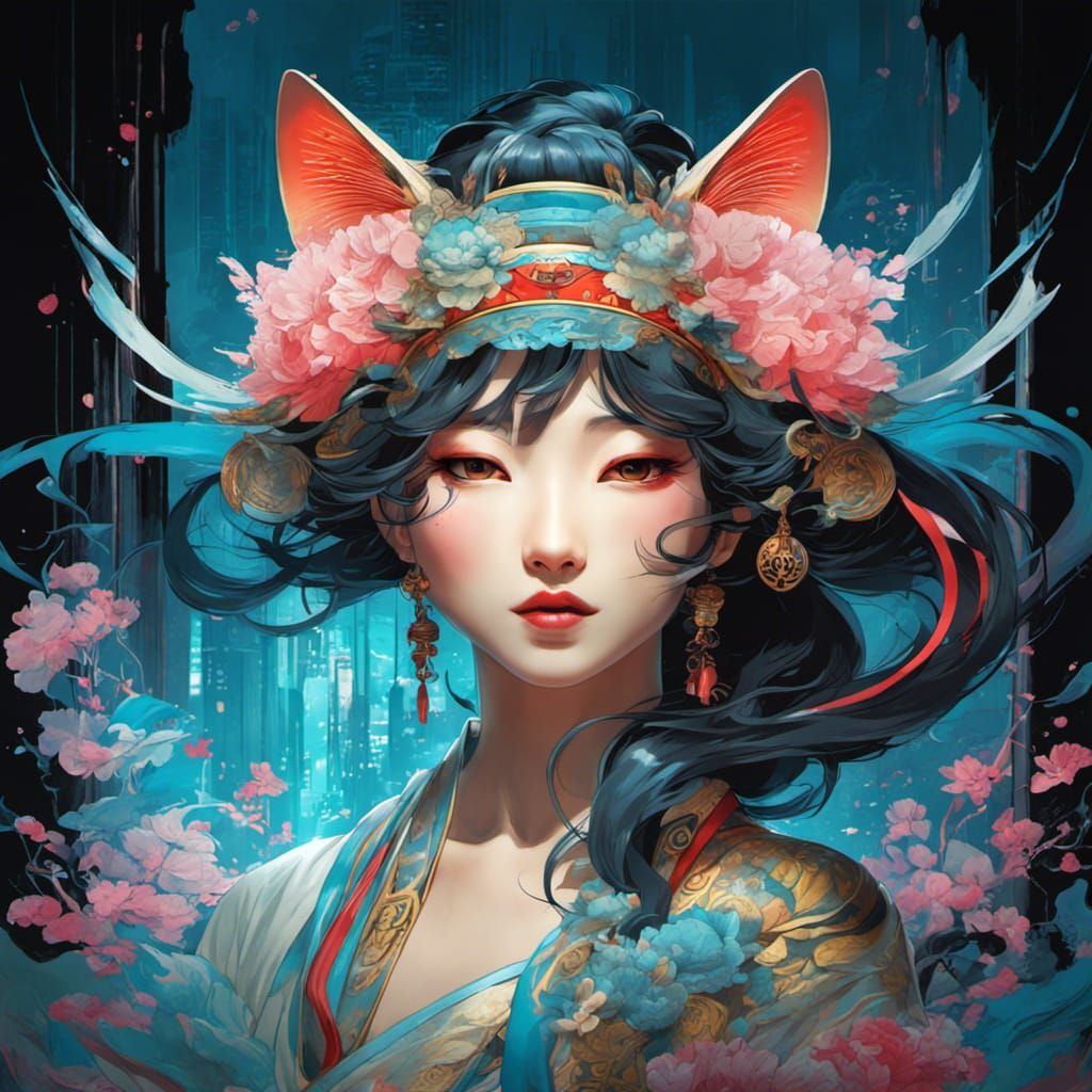 Asian Neko Yokai in Graffiti Art Style