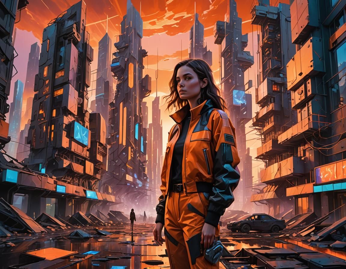 Apocalyptic Cityscape with Woman, in Surreal Style