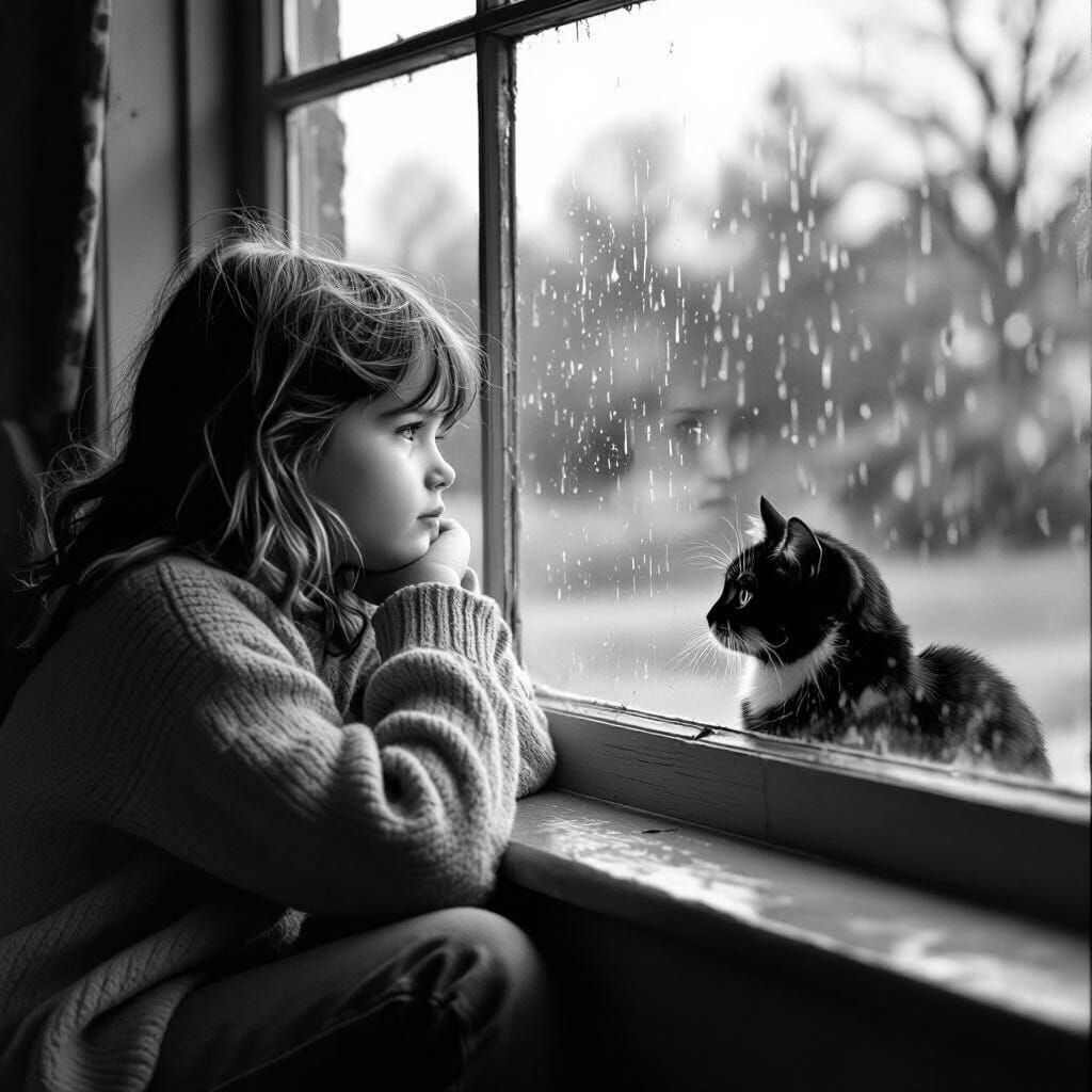Melancholic Girl by Rainy Window in Black and White