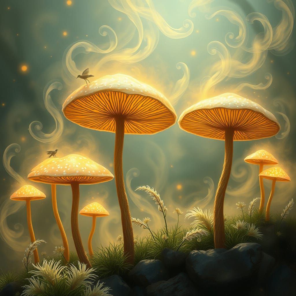 Mushroom People in Ethereal, Mystical Landscape