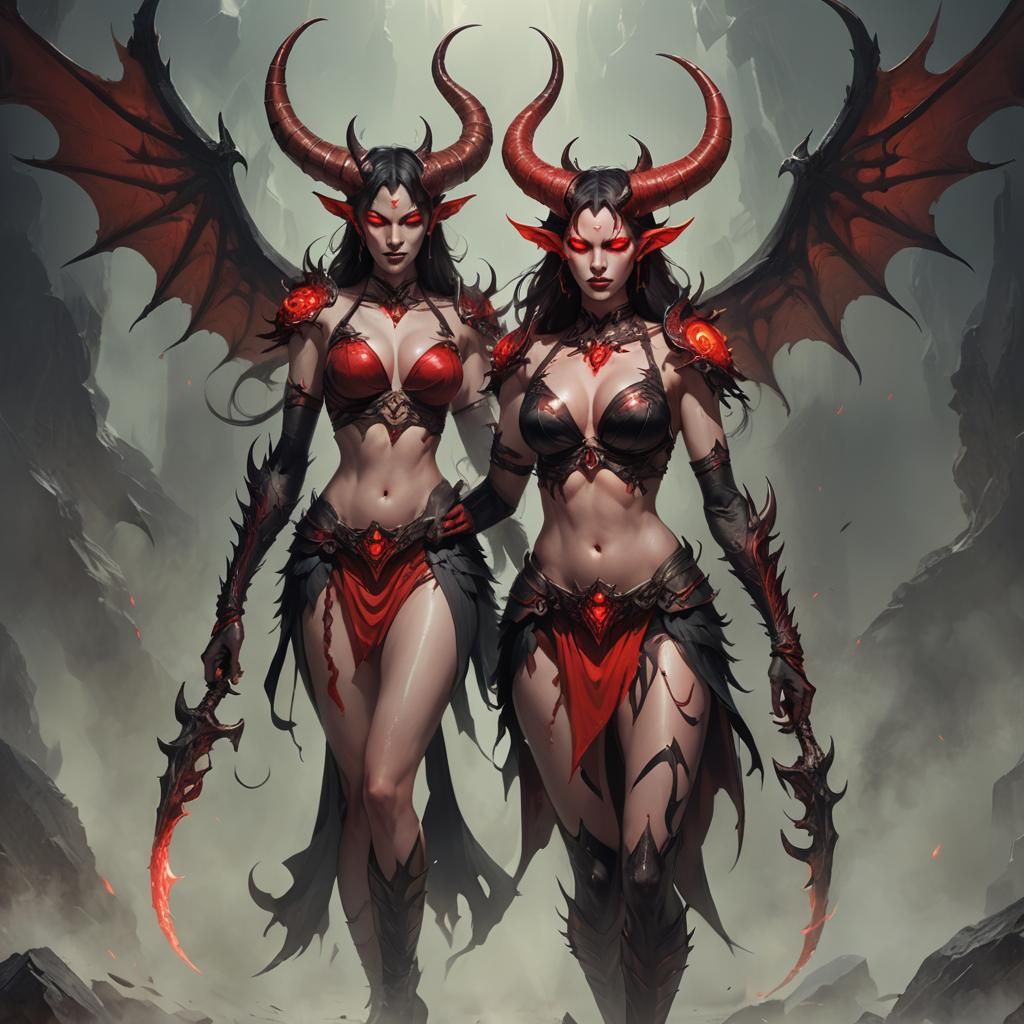 Fiery Demon Woman with Wings and Horns