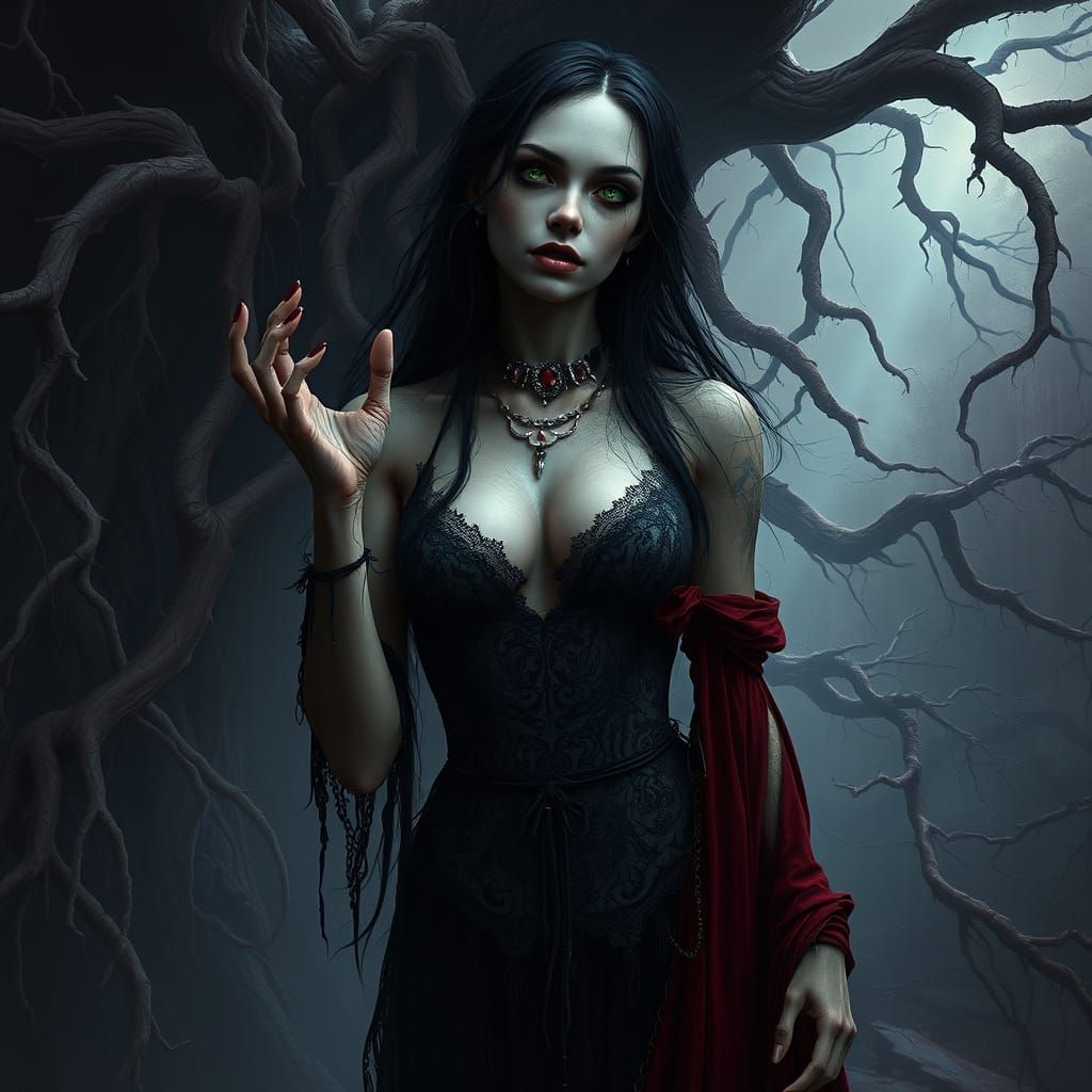 Seductive Undead Goddess Amidst Twisted Roots