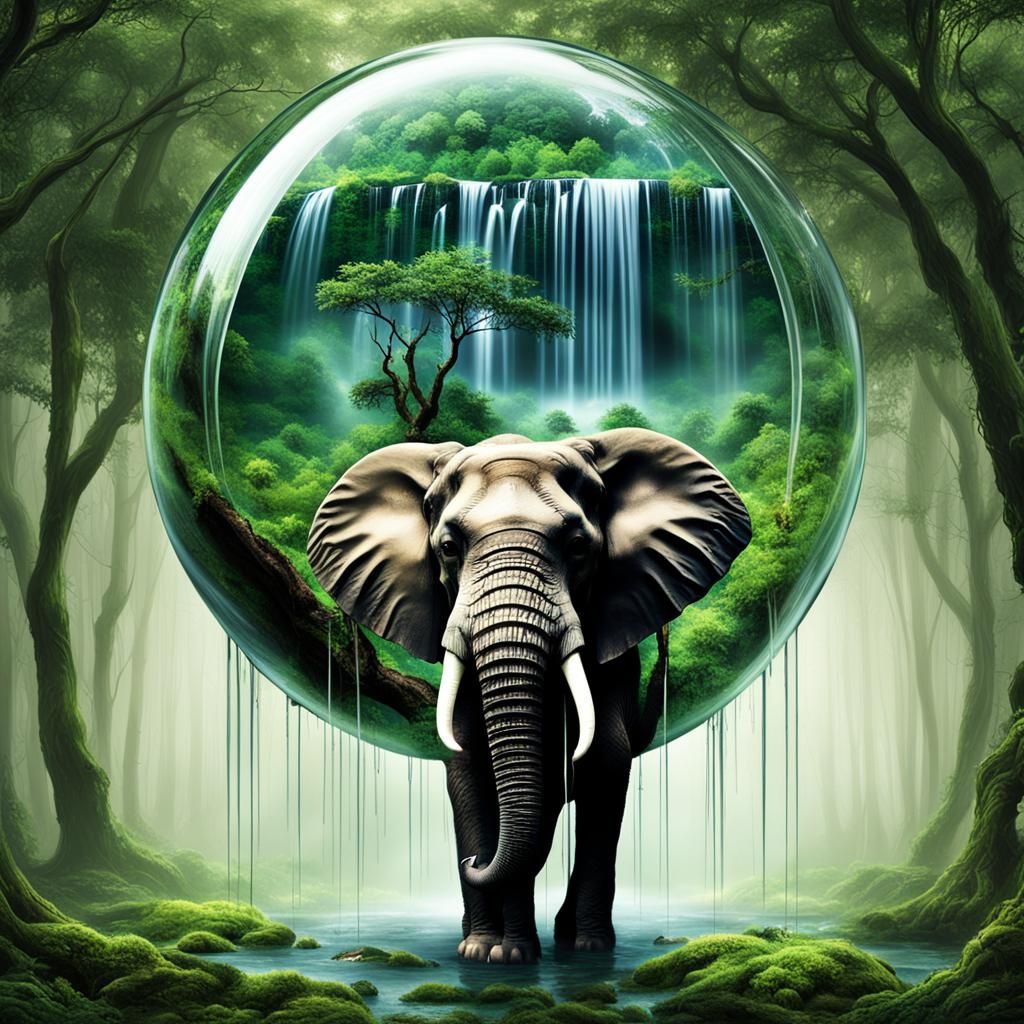 Magical Forest with Elephants Inside a Raindrop