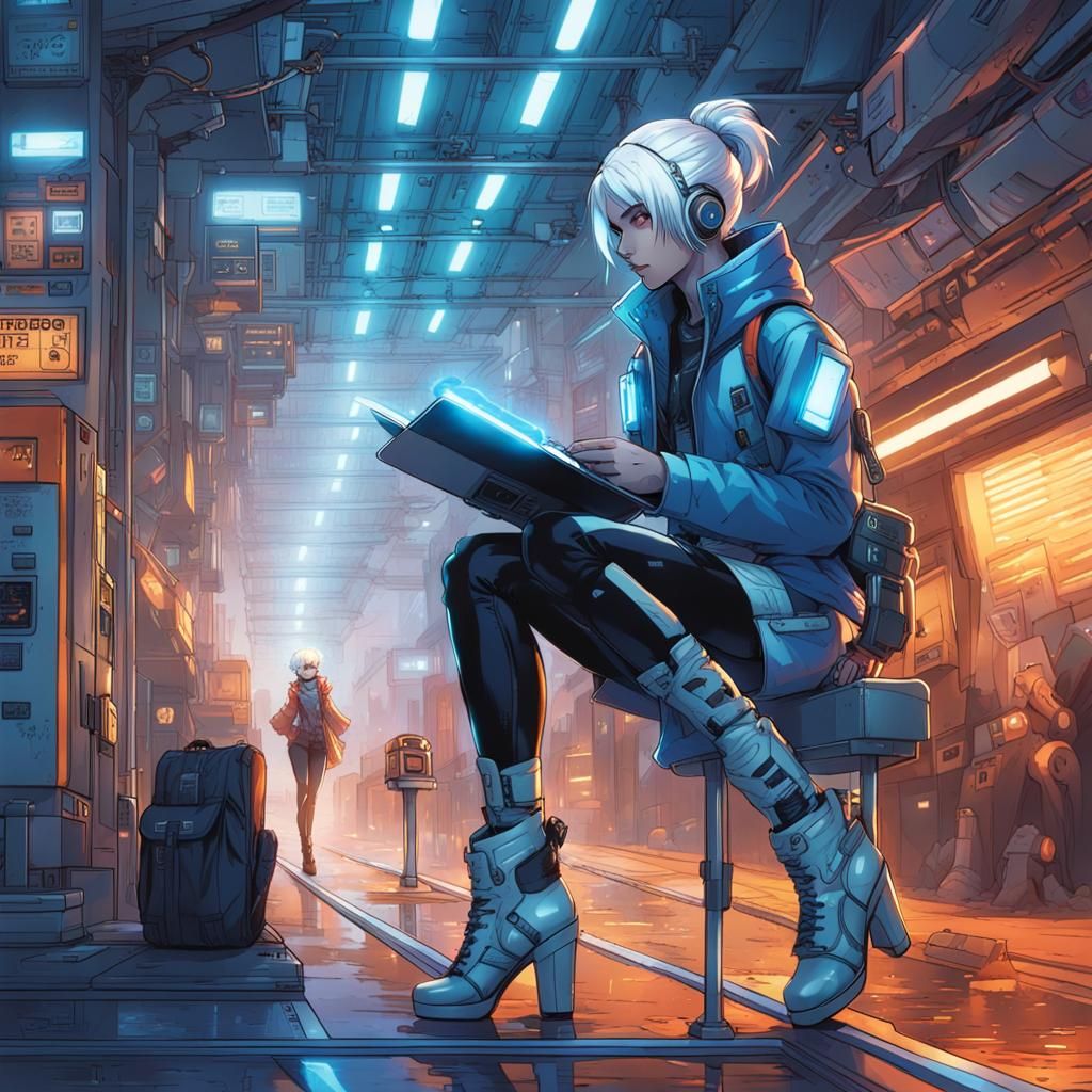 Anime Cyborg Girl with Neon Lights in Cyberpunk Style