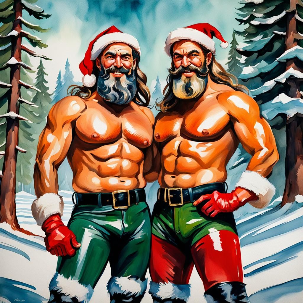 Naughty Santa and Elf in Gouache Style