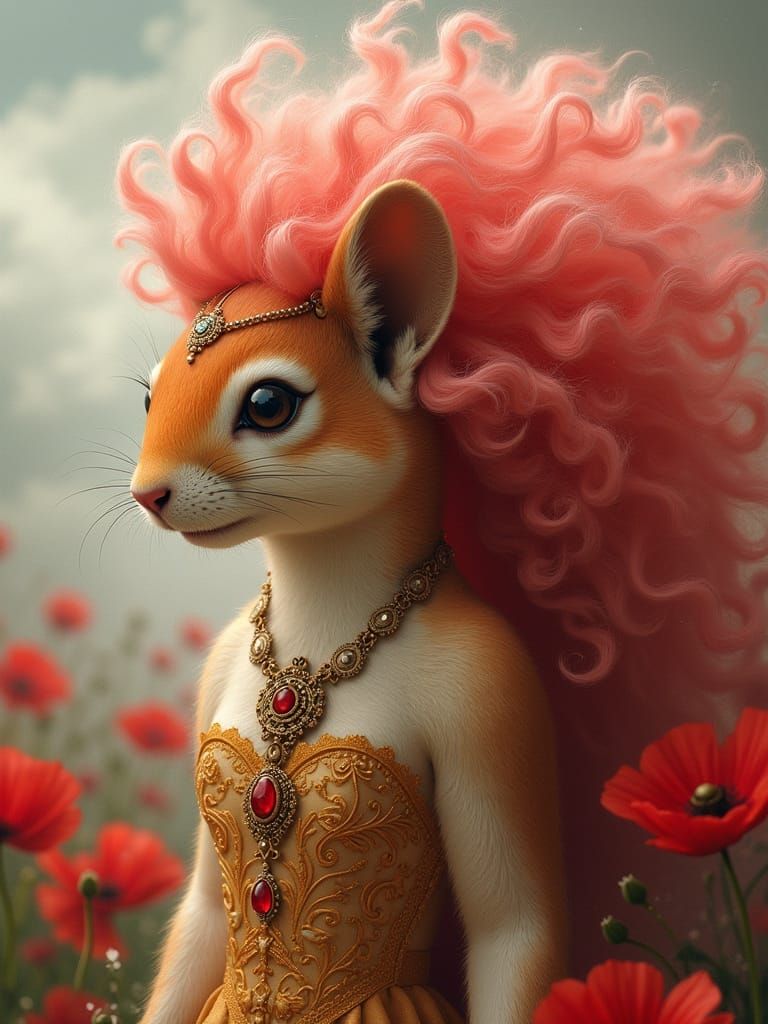 Fantasy Squirrel Portrait with Voluminous Pink Hair