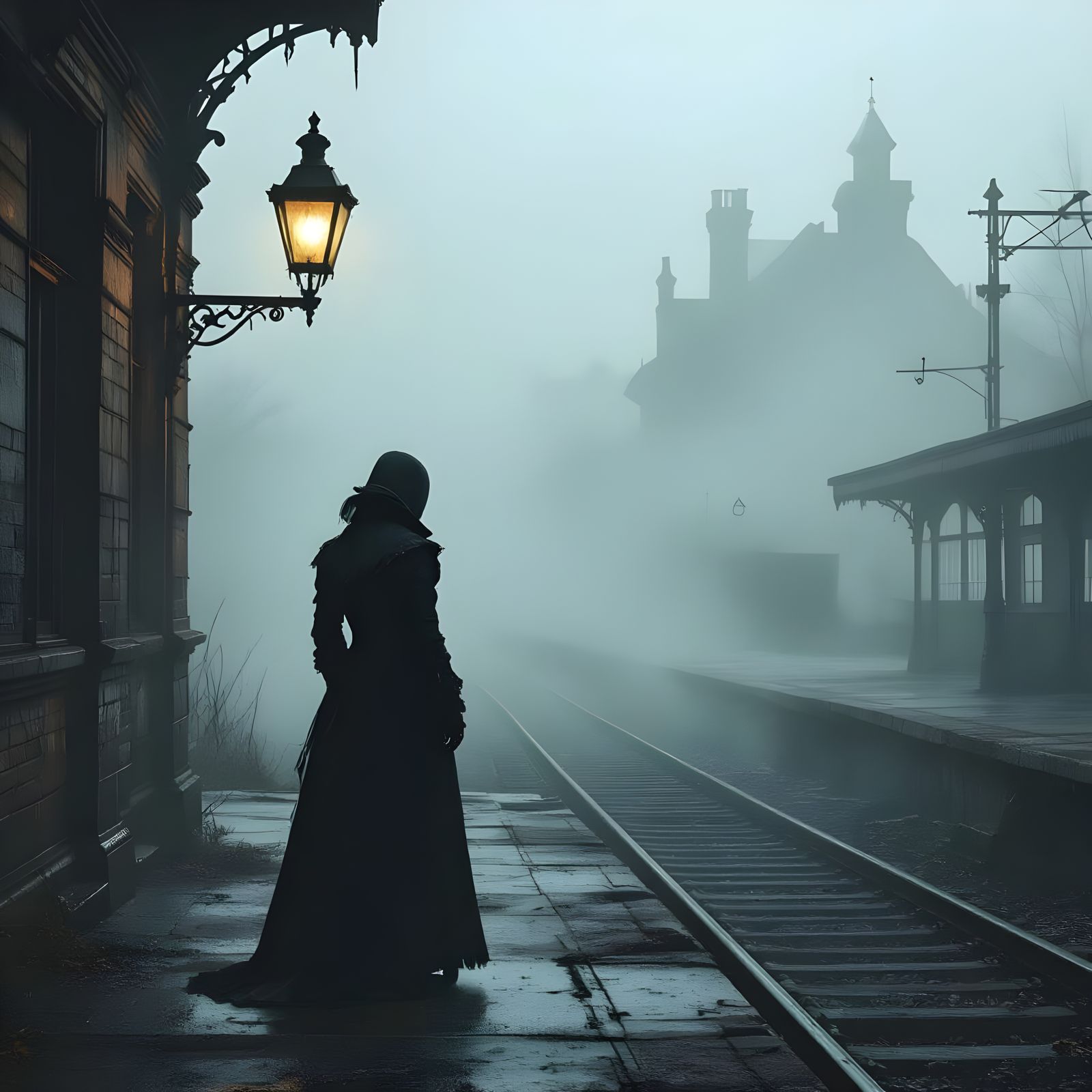 Mysterious Foggy Train Station with Cloaked Figure