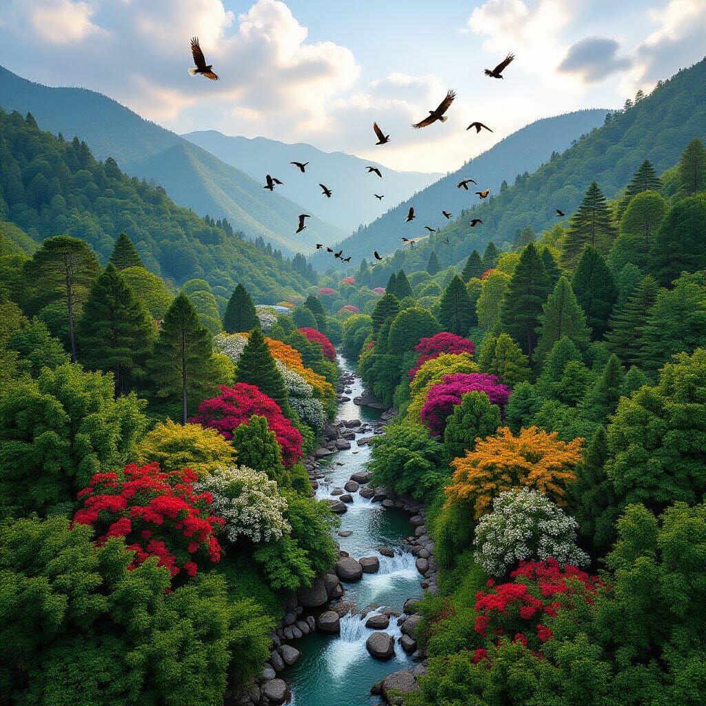 Drone View of Lush Valley with River and Wildlife