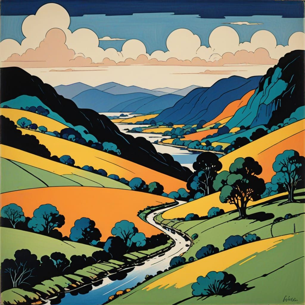 Clarice Cliff Inspired Landscape with Black Outlines