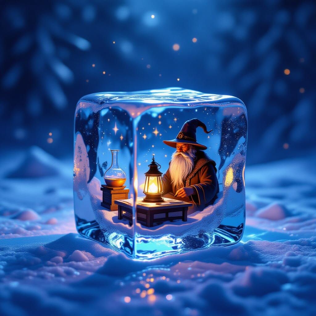 Alchemist Study Inside Ice Cube Lit by Lantern