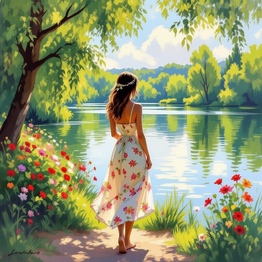 Woman by Summer Lake in Impressionist Style