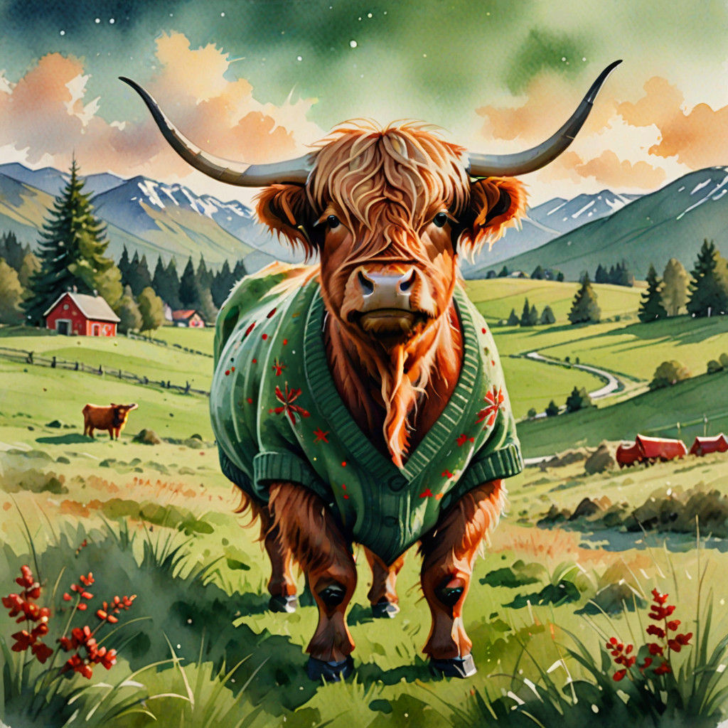 Highland Cow in Winter Wonderland Illustration