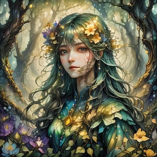 Girl in Lush Garden, Digital Art in Whimsical Style