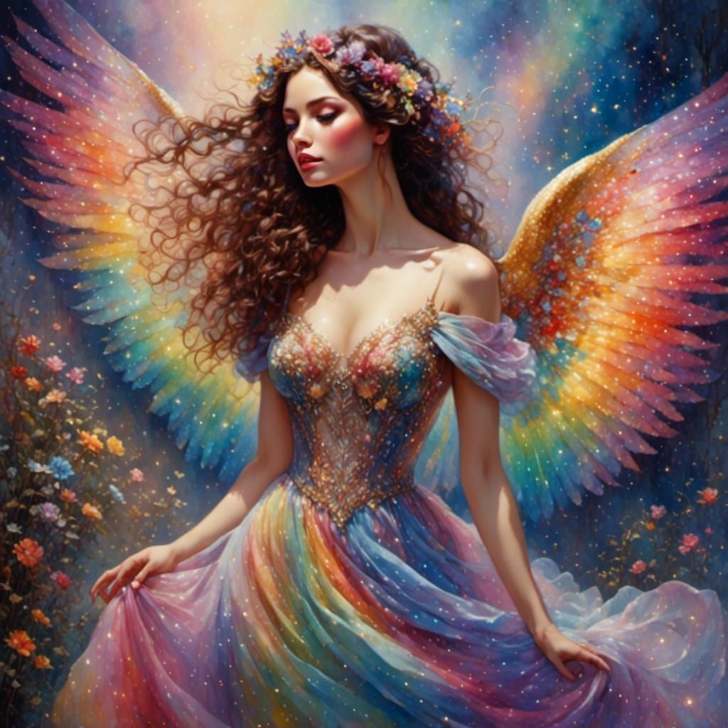 Brunette Woman in Rainbow Dress, Ethereal Fantasy