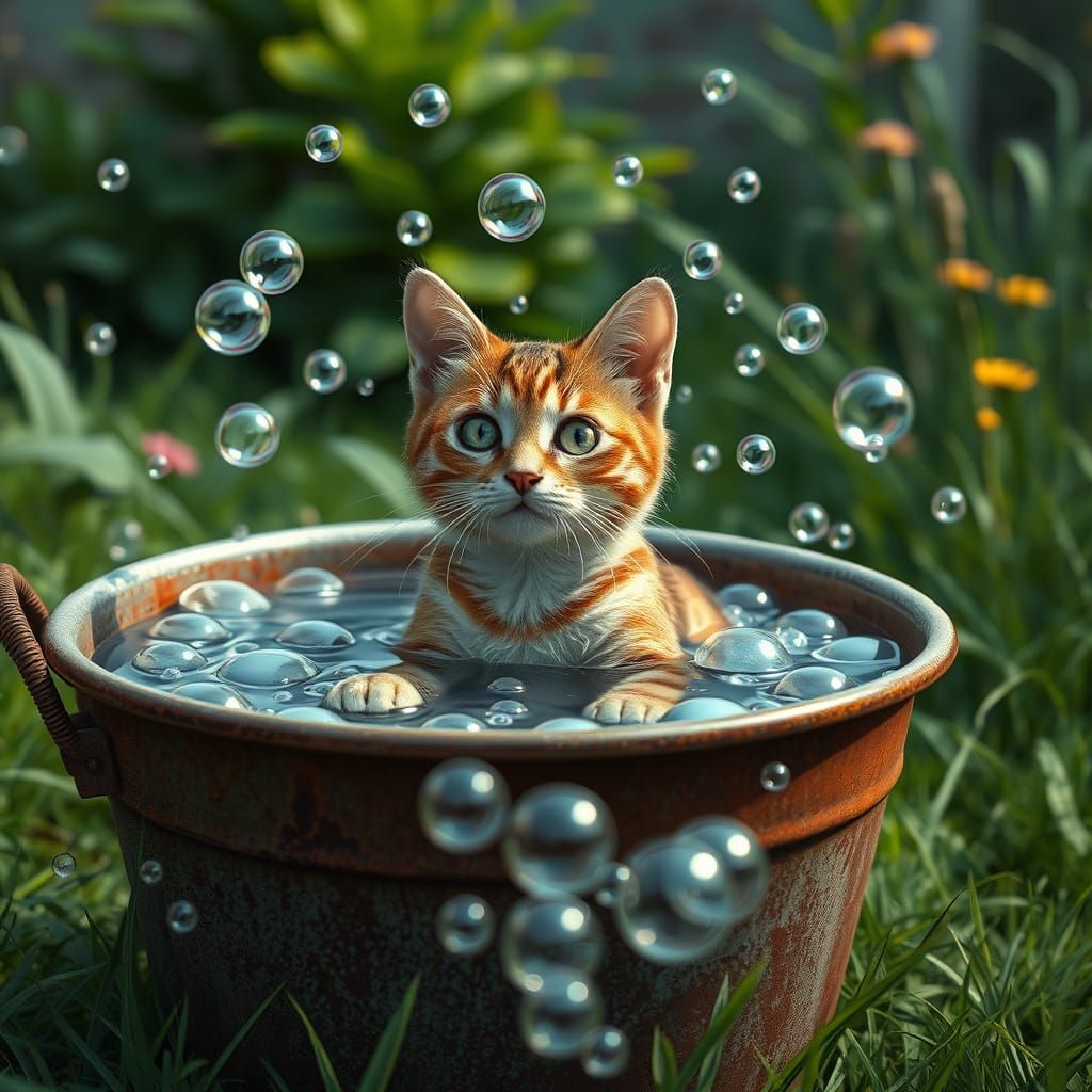Cat Bathing in Bubbles: Epic 3D Game Cinematic Style