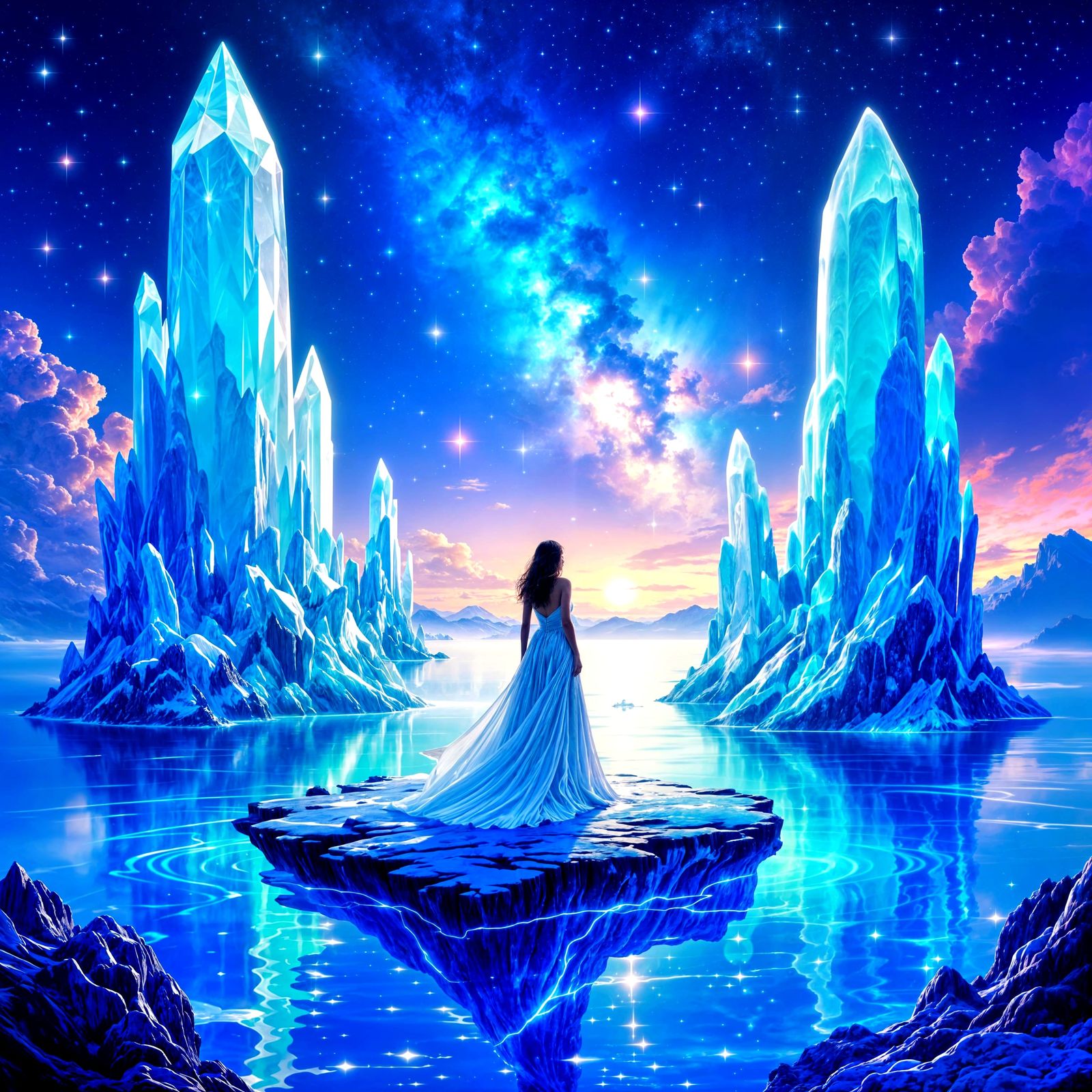 Surreal Cosmic Landscape with Crystalline Trees and Starligh...