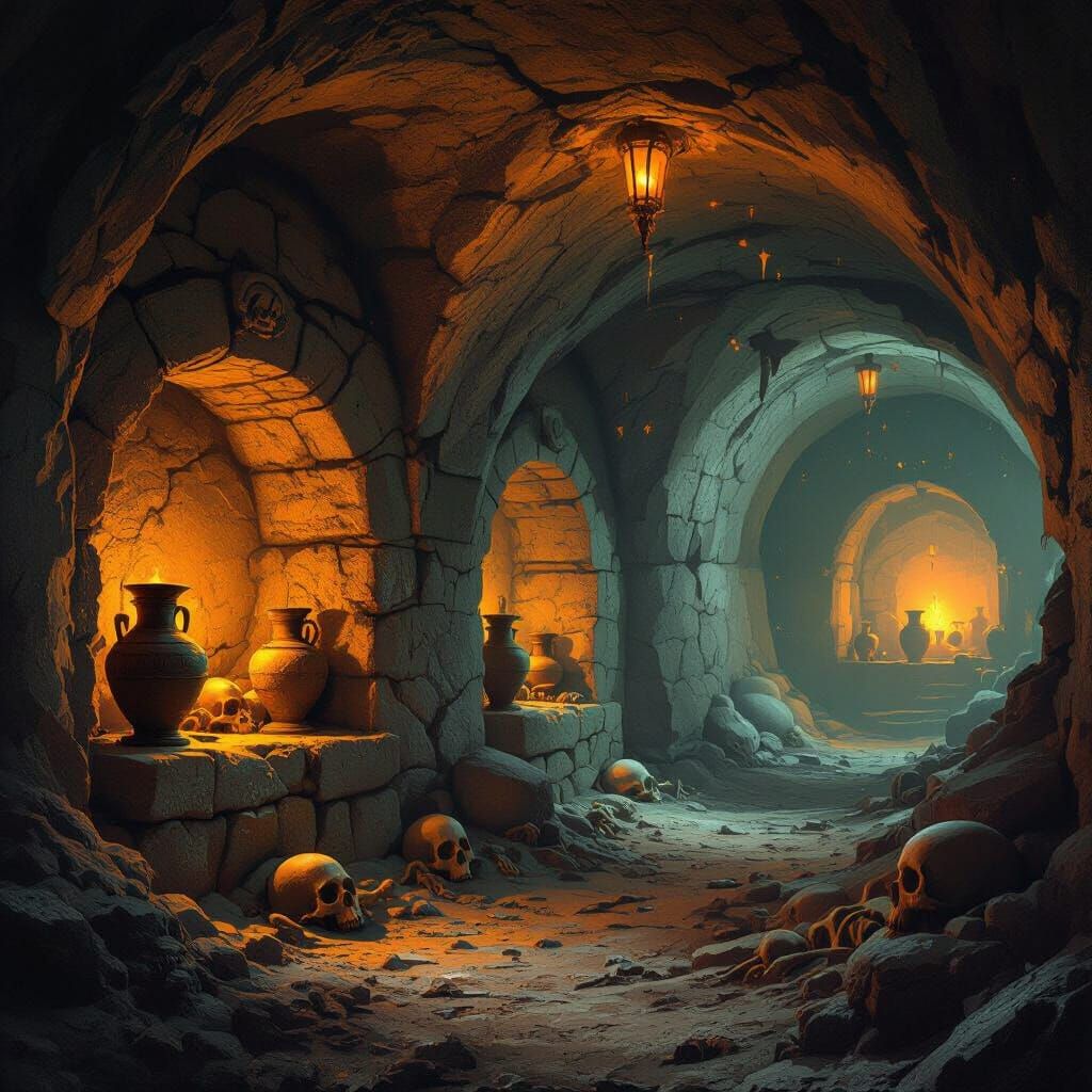 Eerie Catacomb Glow: Skeletons and Urns in Fantasy Art Style