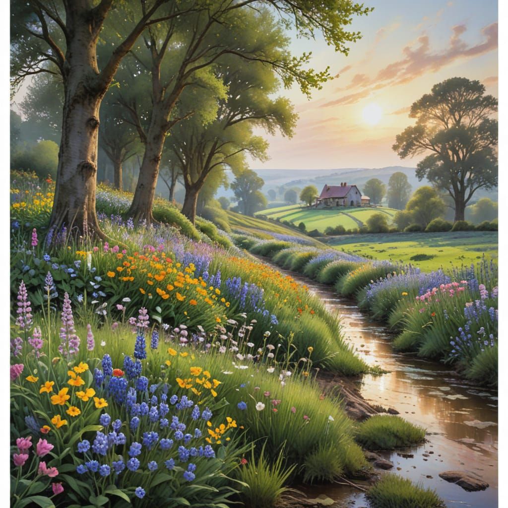 Blooming Rural Hamlet in Spring Watercolour