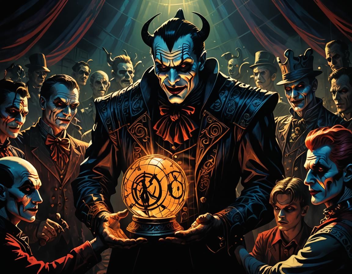 Sinister Circus Performers Gather Around Artifact