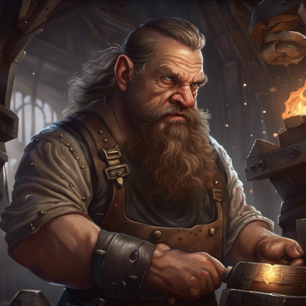 Detailed Portrait of a Dwarven Blacksmith in Dark Fantasy St...