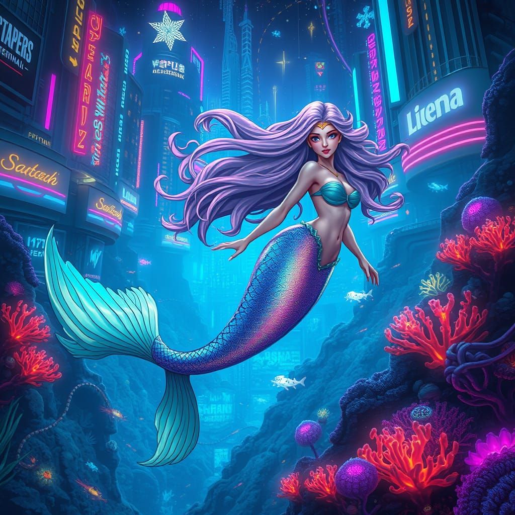 Neon Mermaid in Underwater City, Retro-Futuristic Style