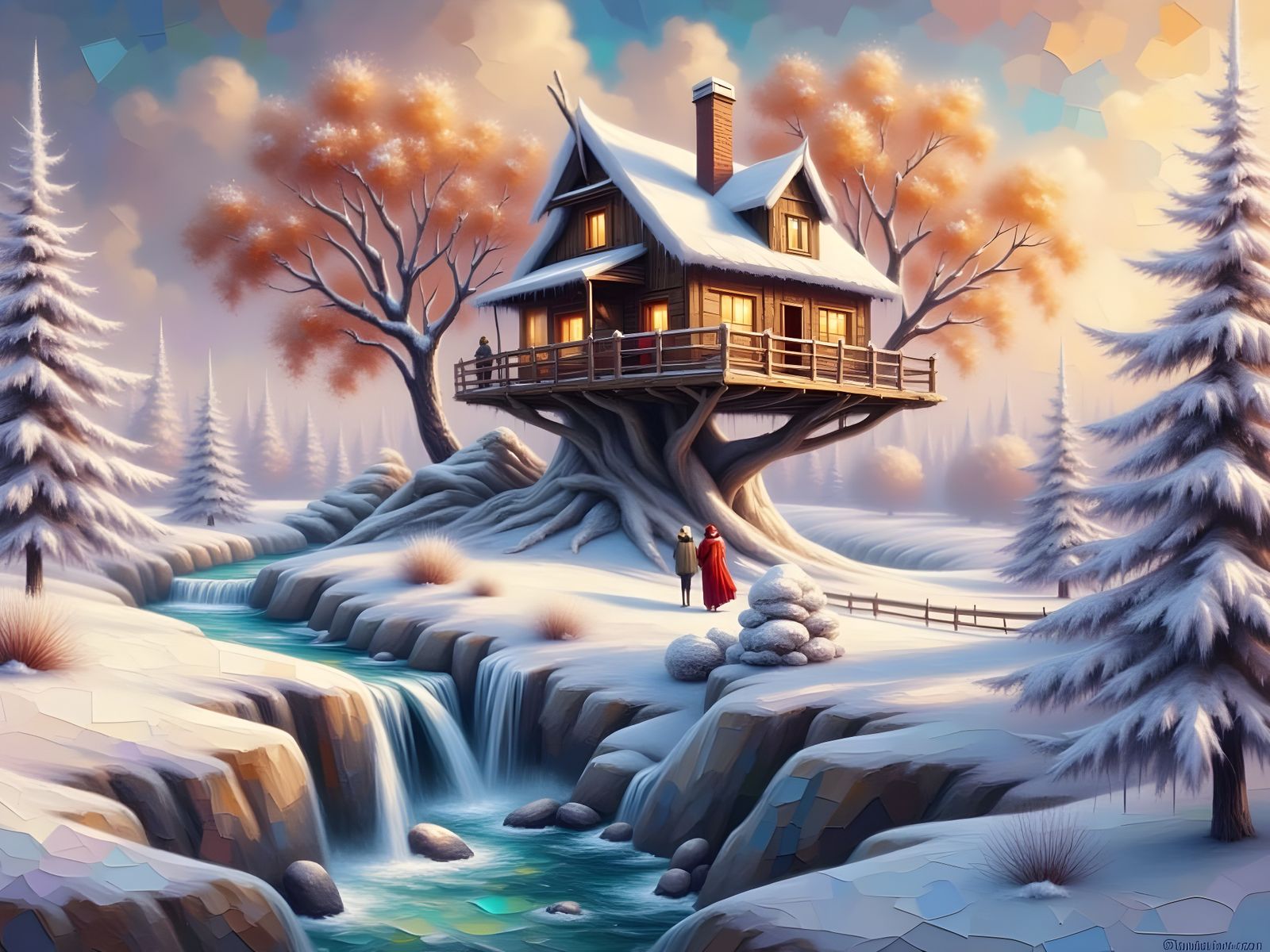 Snowy River Treehouse in Impasto Oil Painting Style