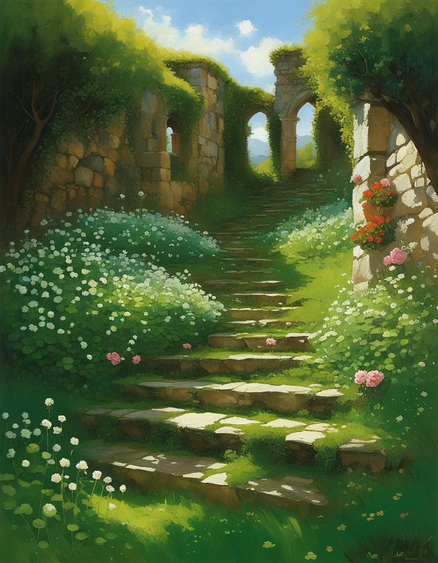 Dreamy Stone Path to Secluded Rose Garden