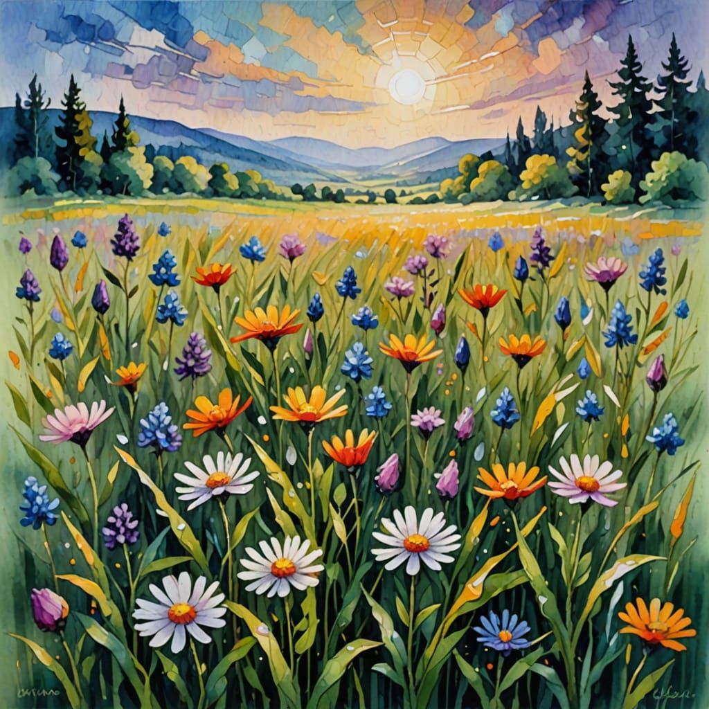 Impressionistic Wildflower Field After Rain