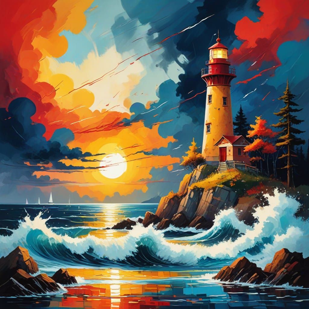 Stormy Lighthouse with Vibrant Colors and Expressive Brushst...
