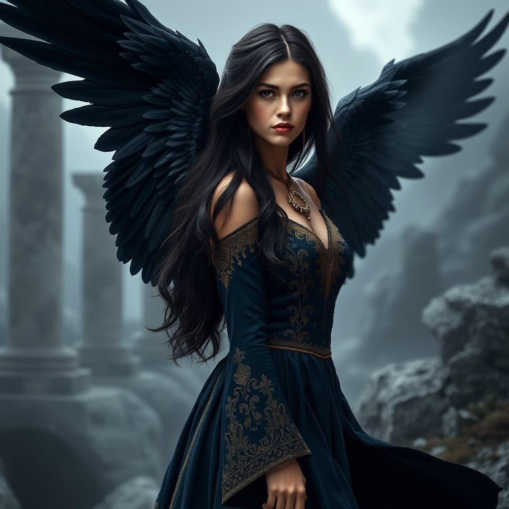 Dark Winged Angel in Rich Blue Black Gown
