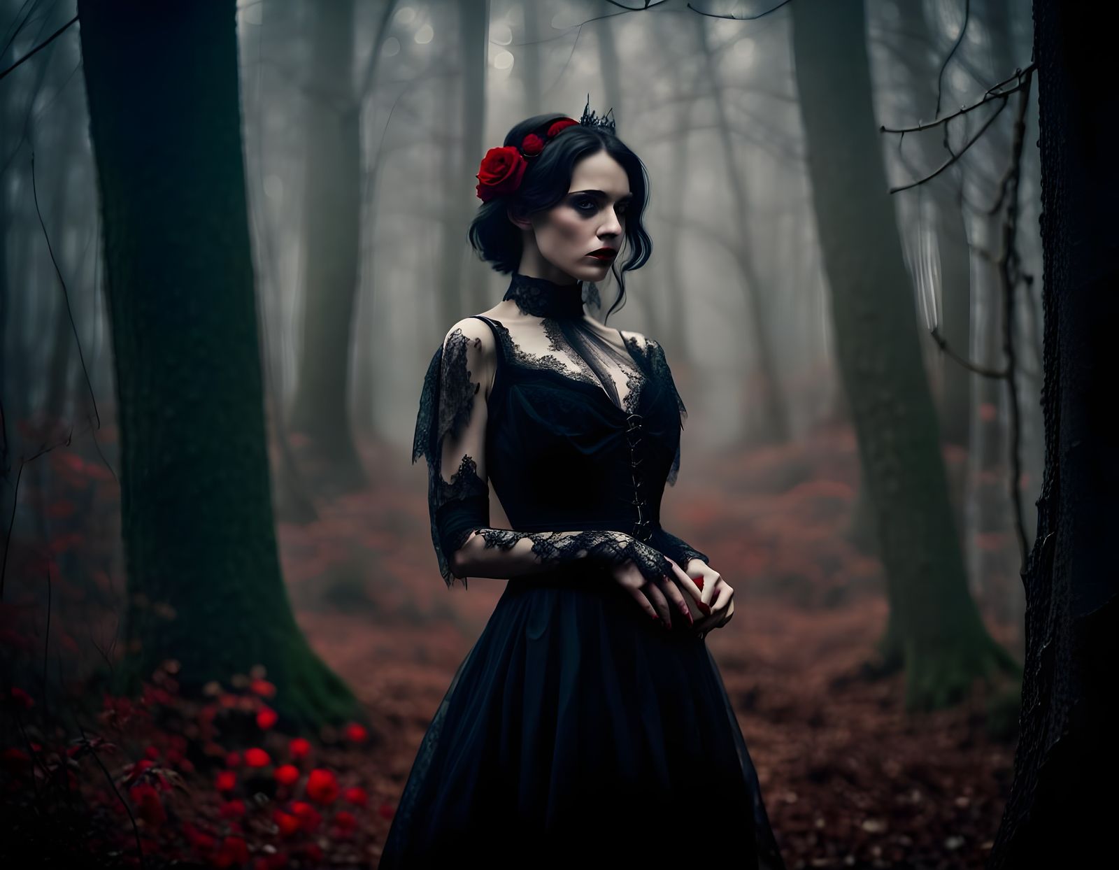Mysterious Woman in Black Gothic Dress