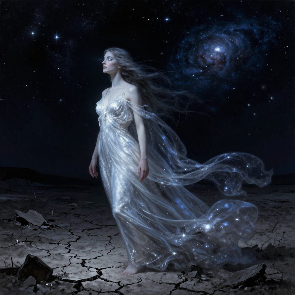 Celestial Goddess of Night Searches War-Torn Land