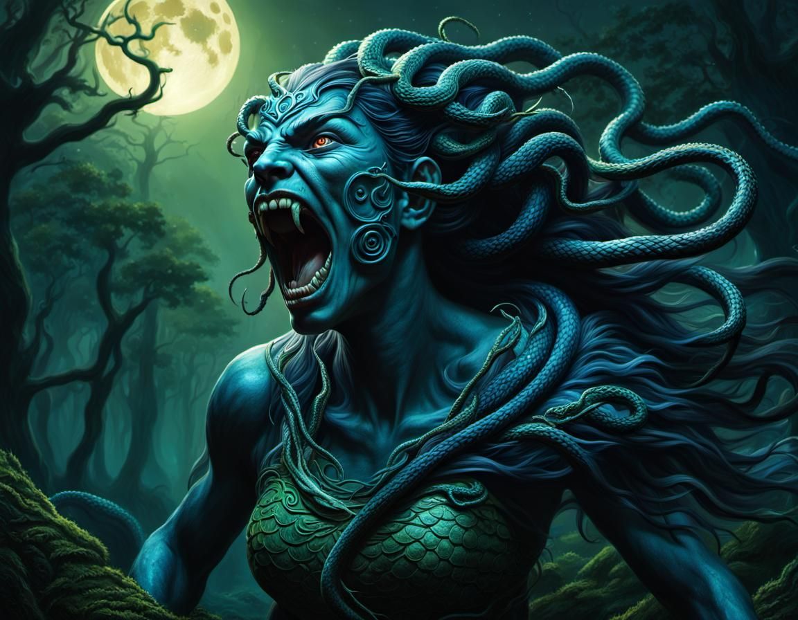 Medusa in Dark Forest, Hyperrealistic Splash Art