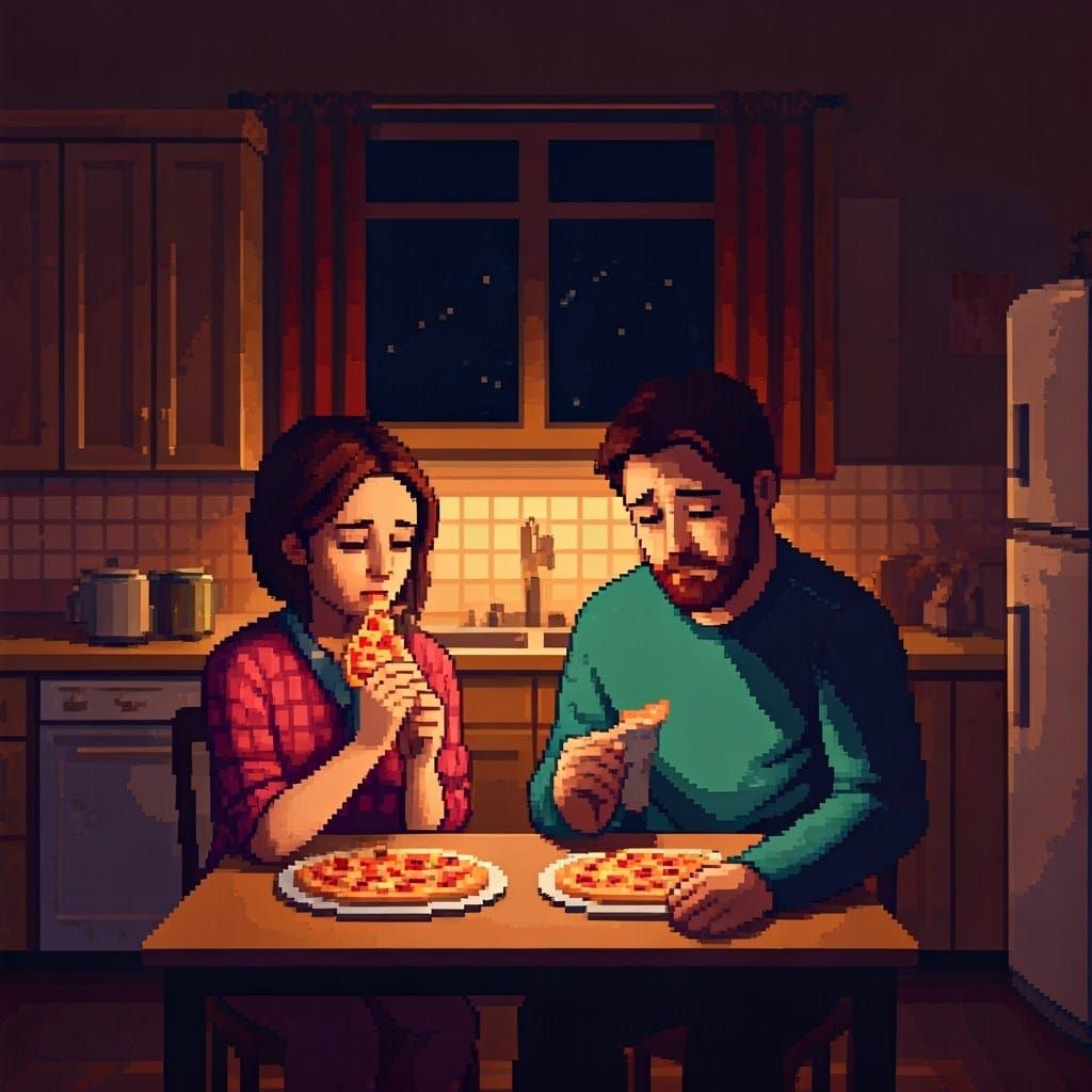 Heartbroken Couple in Cozy 8-bit Pixel Art Kitchen