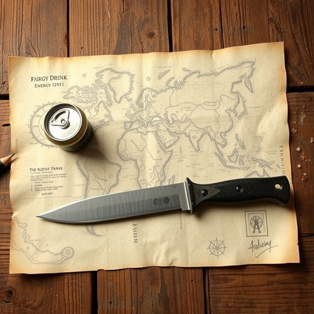 Fantasy Map on Tabletop with Knife and Drink