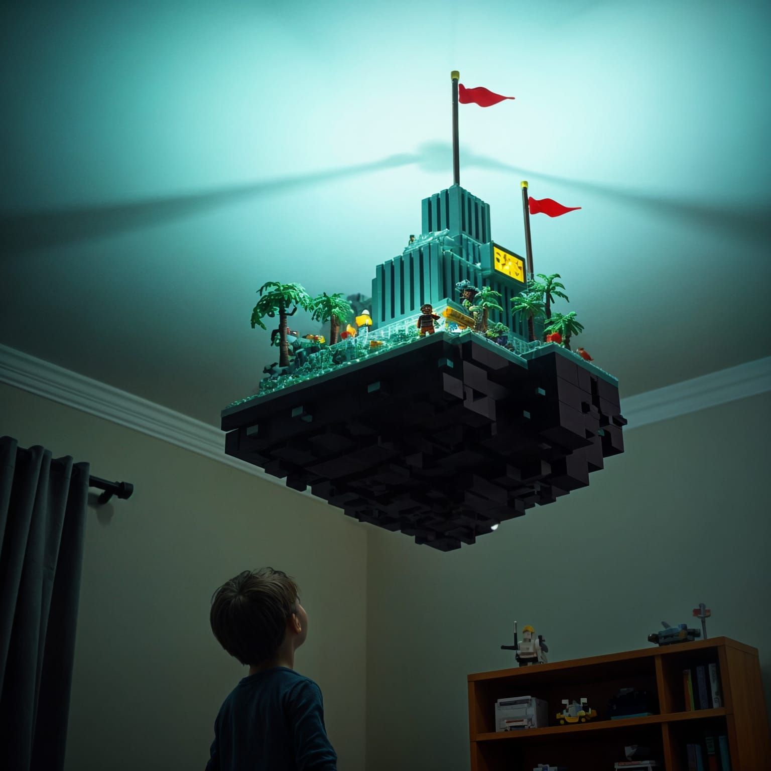 Child Watches Floating Lego Island Attached to Ceiling at Ni...